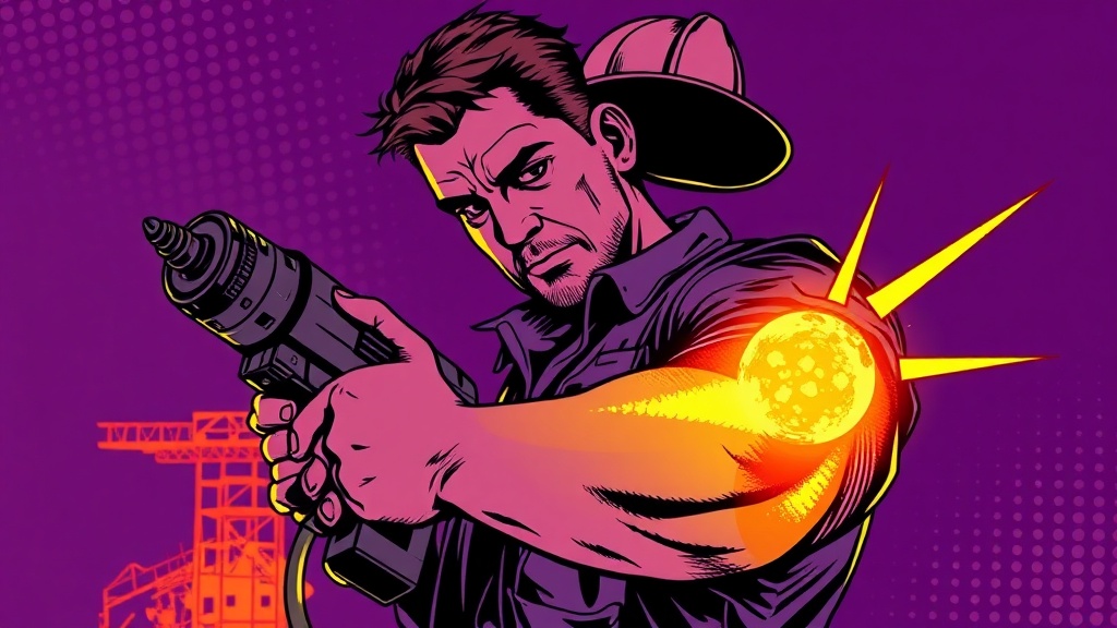 Illustration of tradesman with elbow pain gripping an impact driver