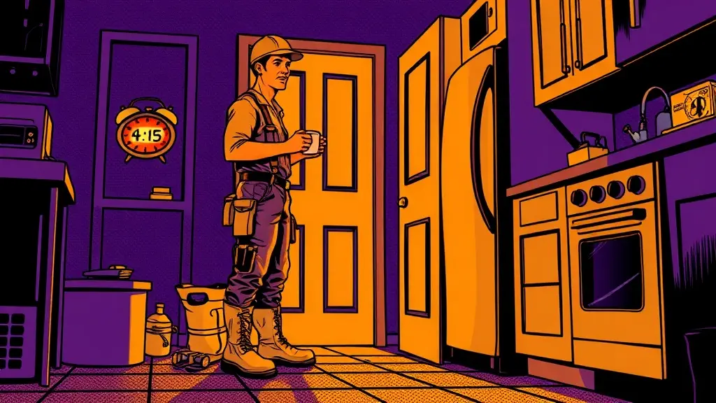 Comic illustration of a trades worker in work boots standing in a dark pre-dawn kitchen holding a coffee mug, alarm clock glowing 4:15 in the background