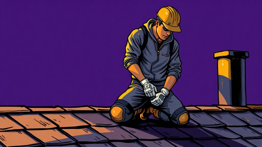 Roofer kneeling on roof working with knee pain — trades worker knee protection