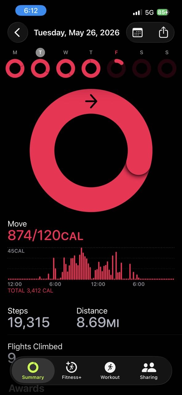 Apple Health summary: 3,412 calories, 19,315 steps, 8.69 miles on May 26