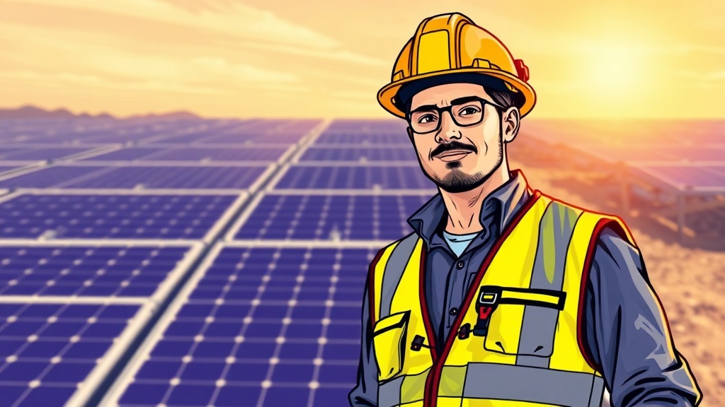 Electrician apprentice in hard hat on a commercial solar installation job site